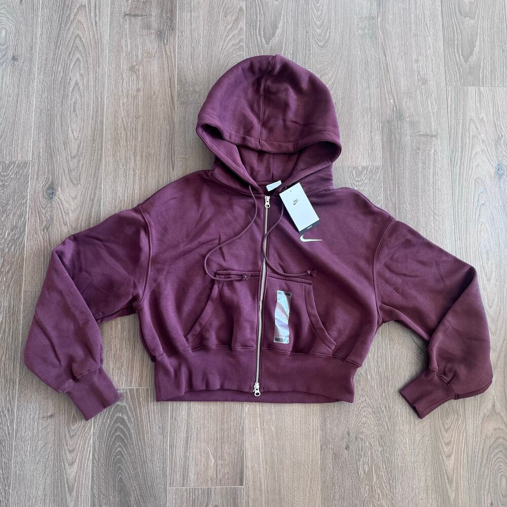 Nike Phoenix Fleece Cropped Full-Zip Hoodie Sweatshirt Burgundy Women Large NEW